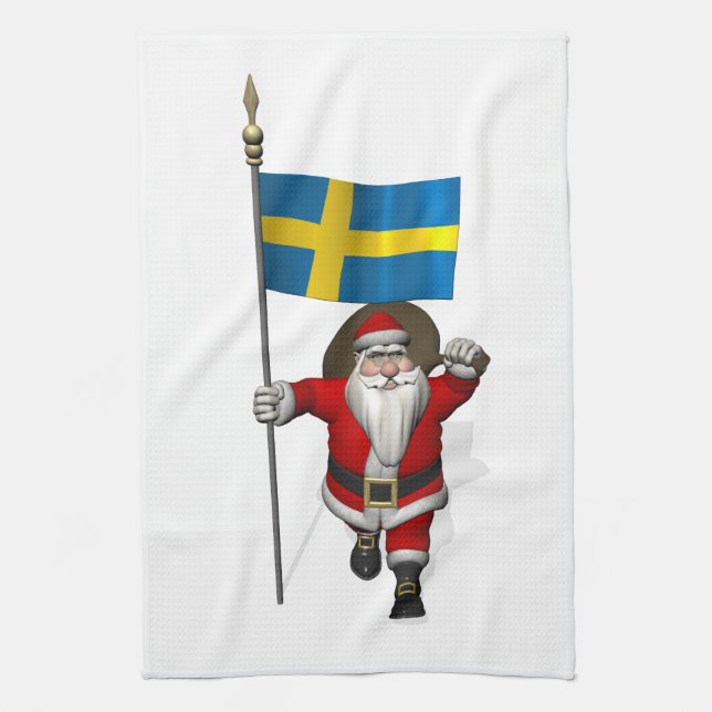 Santa Claus With Ensign Of Sweden Tea Towel (Vertical)