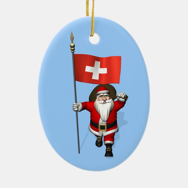 Santa Claus With Ensign Of Switzerland Ceramic Tree Decoration (Back)