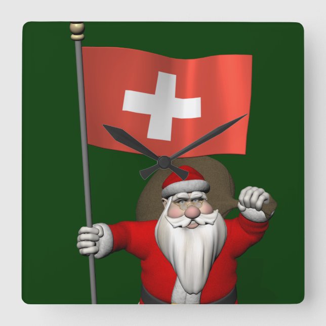 Santa Claus With Ensign Of Switzerland Square Wall Clock (Front)