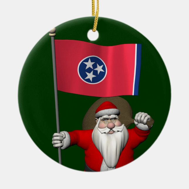 Santa Claus With Ensign Of Tennessee Ceramic Tree Decoration (Front)