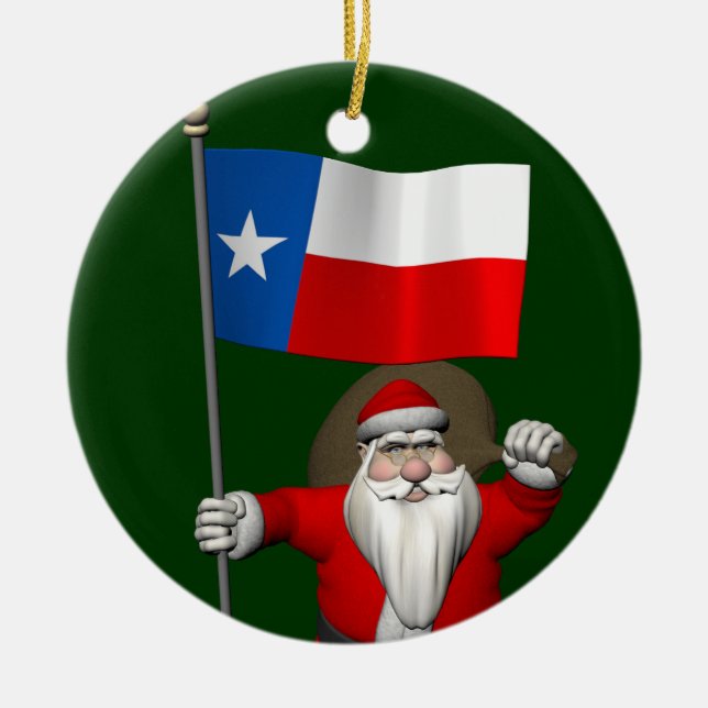 Santa Claus With Ensign Of Texas Ceramic Tree Decoration (Front)