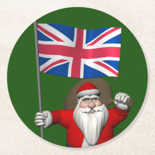 Santa Claus With Ensign Of The UK Round Paper Coaster