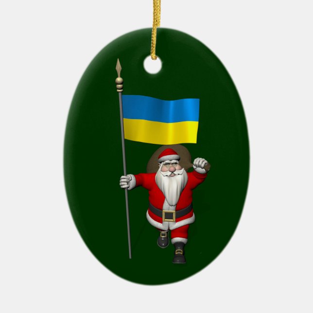Santa Claus With Ensign Of The Ukraine Ceramic Tree Decoration (Front)