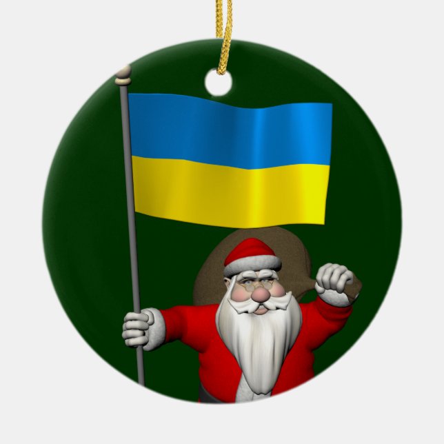 Santa Claus With Ensign Of The Ukraine Ceramic Tree Decoration (Front)