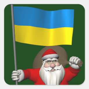Santa Claus With Ensign Of The Ukraine Square Sticker