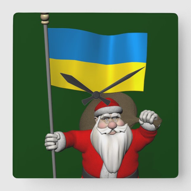Santa Claus With Ensign Of The Ukraine Square Wall Clock (Front)