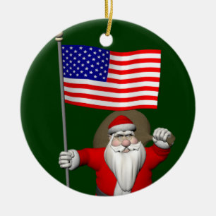 Santa Claus With Ensign Of The USA Ceramic Tree Decoration