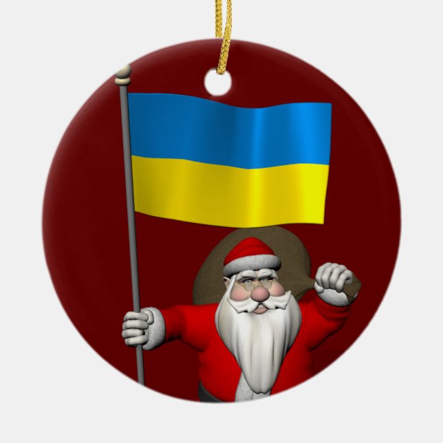 Santa Claus With Ensign Of Ukraine Ceramic Tree Decoration (Front)
