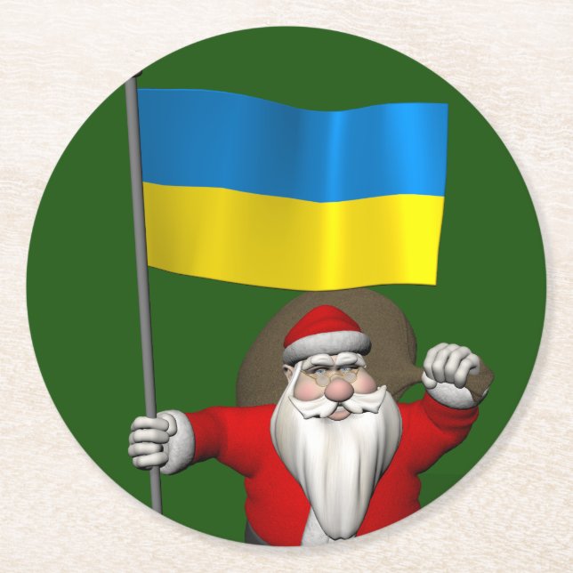 Santa Claus With Ensign Of Ukraine Round Paper Coaster (Front)