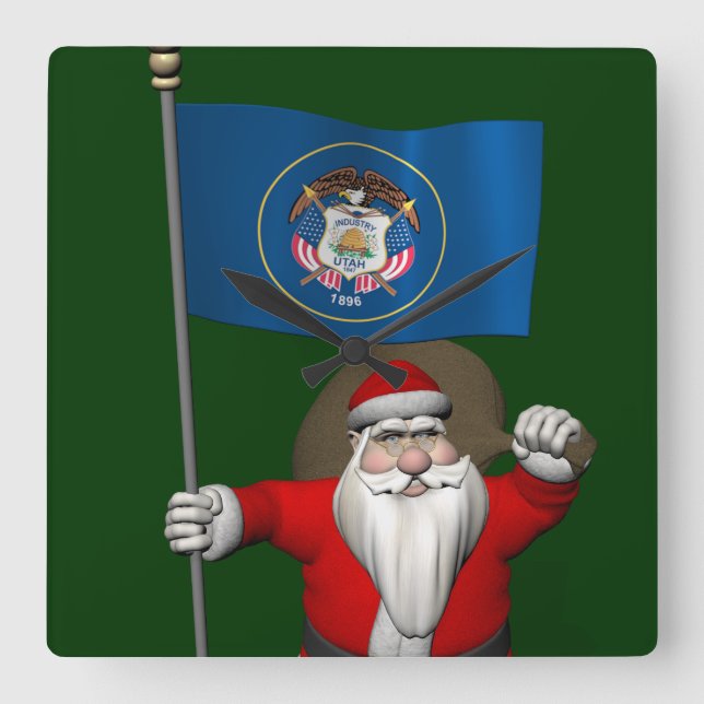 Santa Claus With Ensign Of Utah Square Wall Clock (Front)