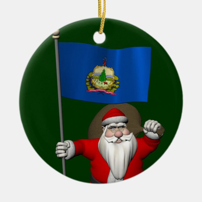 Santa Claus With Ensign Of Vermont Ceramic Tree Decoration (Front)