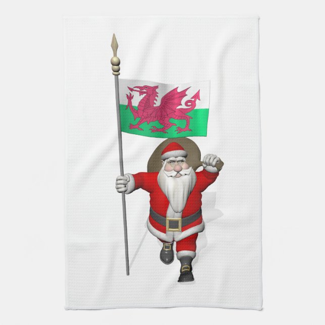 Santa Claus With Ensign Of Wales Tea Towel (Vertical)