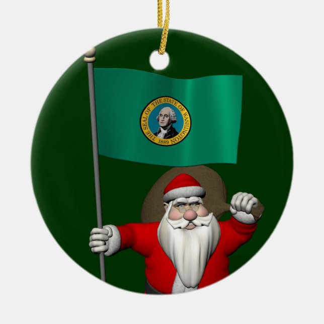 Santa Claus With Ensign Of  Washington Ceramic Tree Decoration (Front)