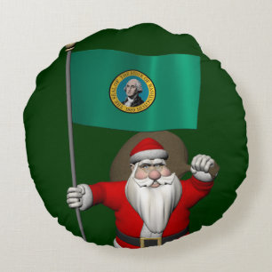 Santa Claus With Ensign Of Washington Round Cushion
