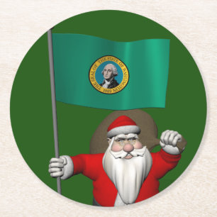 Santa Claus With Ensign Of  Washington Round Paper Coaster