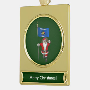 Santa Claus With Ensign Of Wisconsin Gold Plated Banner Ornament
