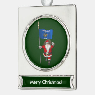 Santa Claus With Ensign Of Wisconsin Silver Plated Banner Ornament