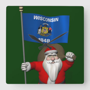 Santa Claus With Ensign Of Wisconsin Square Wall Clock