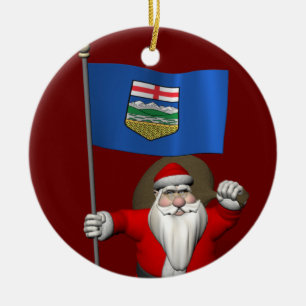 Santa Claus With Flag Of Alberta CDN Ceramic Tree Decoration