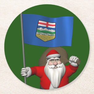 Santa Claus With Flag Of Alberta CDN Round Paper Coaster