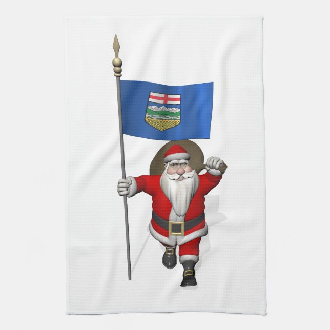 Santa Claus With Flag Of Alberta CDN Tea Towel (Vertical)