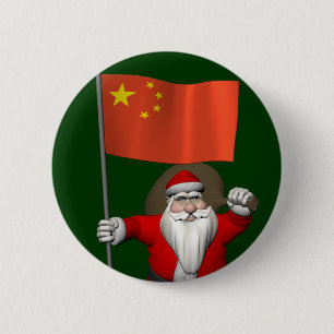 Santa Claus With Flag Of China 6 Cm Round Badge