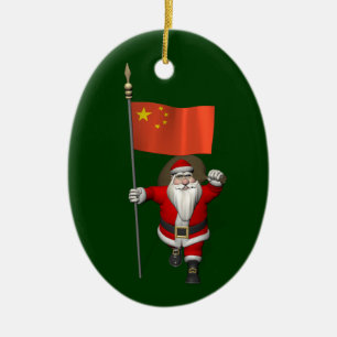 Santa Claus With Flag Of China Ceramic Tree Decoration