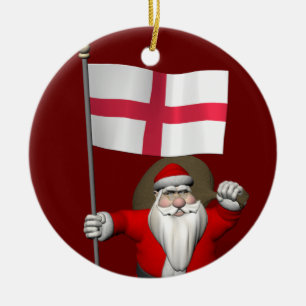 Santa Claus With Flag Of England Ceramic Tree Decoration