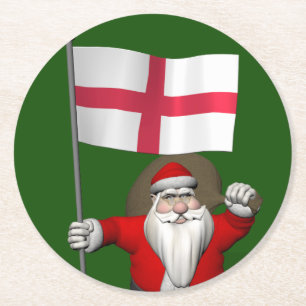 Santa Claus With Flag Of England Round Paper Coaster
