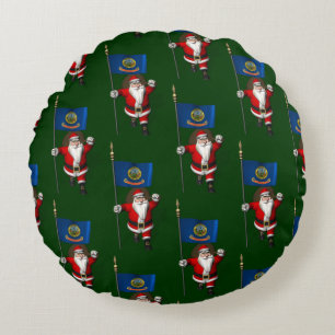 Santa Claus With Flag Of Idaho Round Cushion