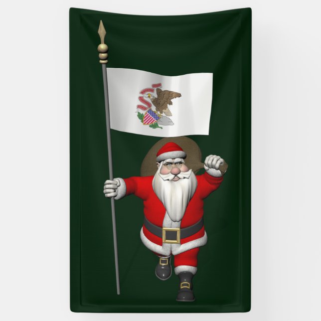 Santa Claus With Flag Of Illinois Banner (Vertical)