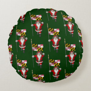 Santa Claus With Flag Of Maryland Round Cushion