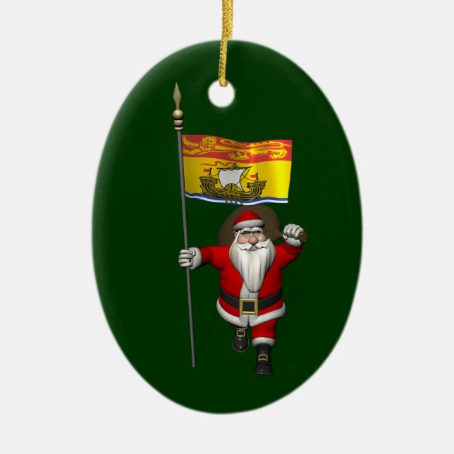 Santa Claus With Flag Of New Brunswick CDN Ceramic Tree Decoration (Front)