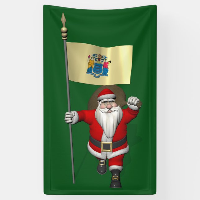 Santa Claus With Flag Of New Jersey Banner (Vertical)