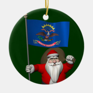 Santa Claus With Flag Of North Dakota Ceramic Tree Decoration