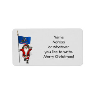 Santa Claus With Flag Of North Dakota Label