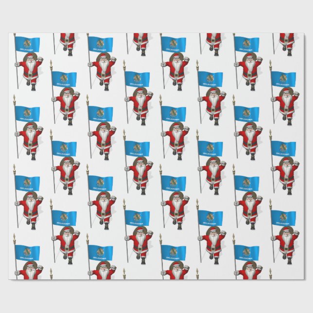 Santa Claus With Flag Of Oklahoma Wrapping Paper (Flat)