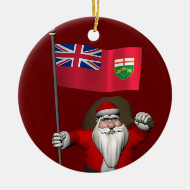Santa Claus With Flag Of Ontario CDN Ceramic Tree Decoration (Front)
