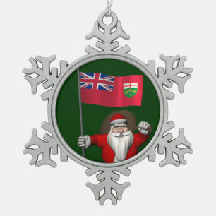 Santa Claus With Flag Of Ontario CDN Snowflake Pewter Christmas Ornament