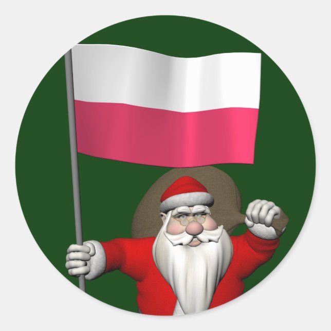 Santa Claus With Flag Of Poland Classic Round Sticker (Front)