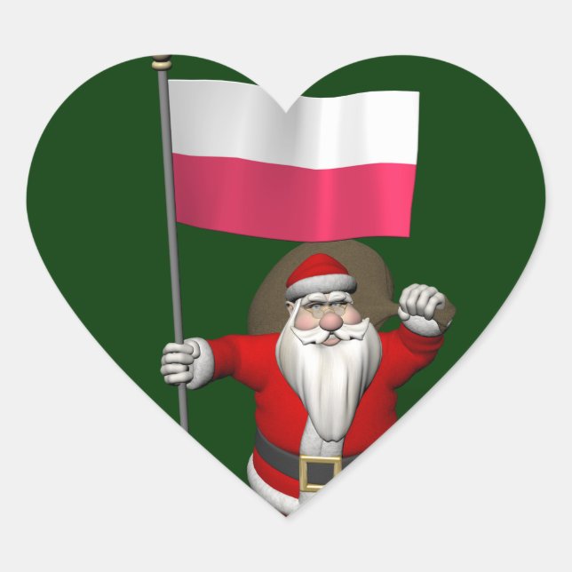 Santa Claus With Flag Of Poland Heart Sticker (Front)