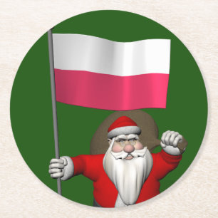 Santa Claus With Flag Of Poland Round Paper Coaster