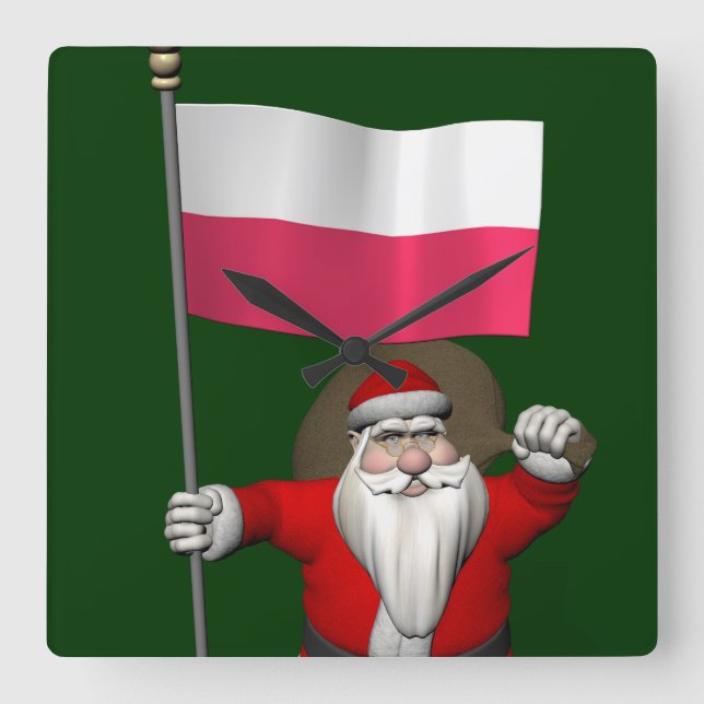 Santa Claus With Flag Of Poland Square Wall Clock (Front)