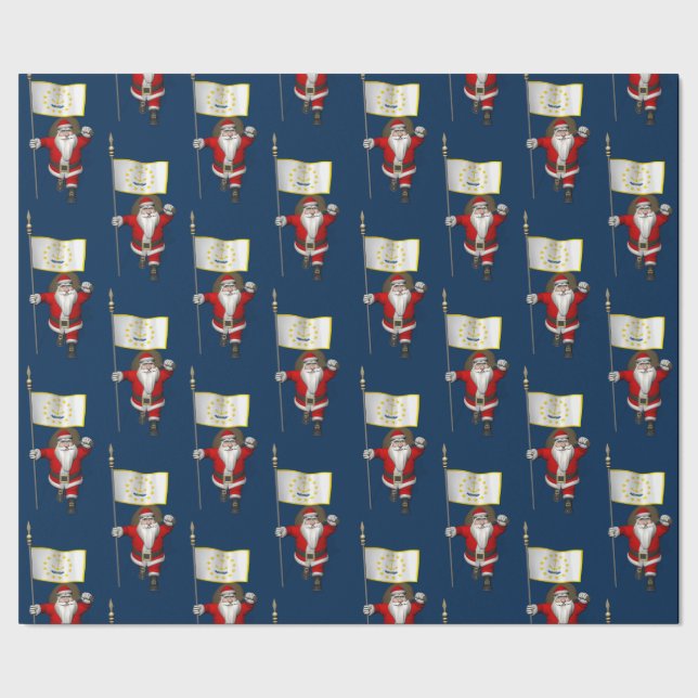 Santa Claus With Flag Of Rhode Island Wrapping Paper (Seam)
