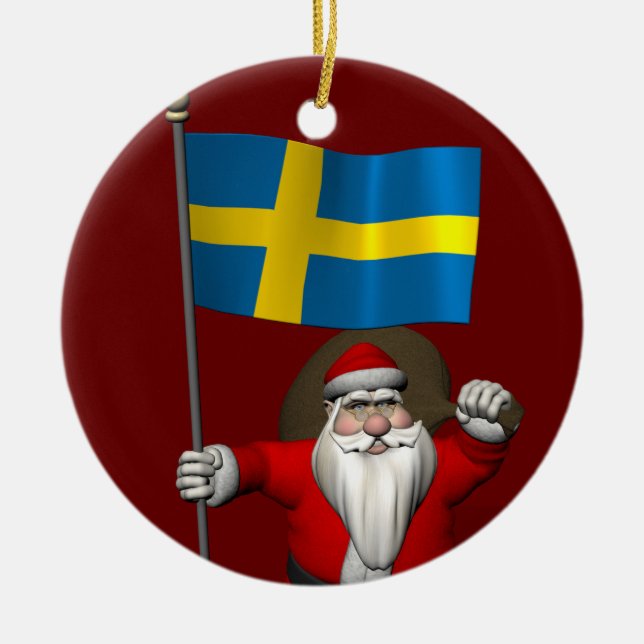 Santa Claus With Flag Of Sweden Ceramic Tree Decoration (Front)