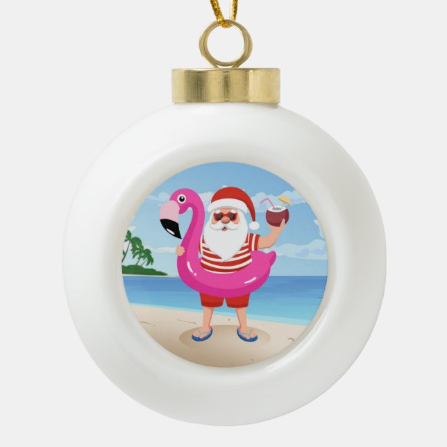 Santa Claus with flamingo inflatable ring Ceramic Ball Christmas Ornament (Front)