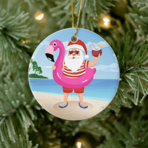 Santa Claus with flamingo inflatable ring Ceramic Tree Decoration