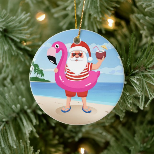 Santa Claus with flamingo inflatable ring Ceramic Tree Decoration (Tree)