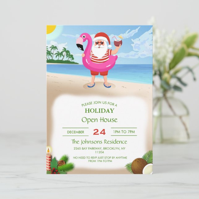 Santa Claus with flamingo inflatable ring          Invitation (Standing Front)