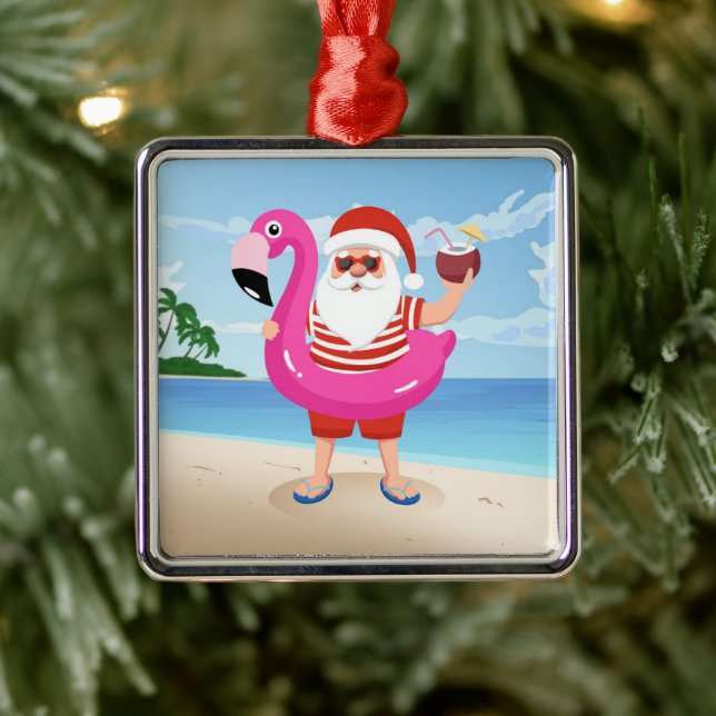 Santa Claus with flamingo inflatable ring Metal Tree Decoration (Tree)
